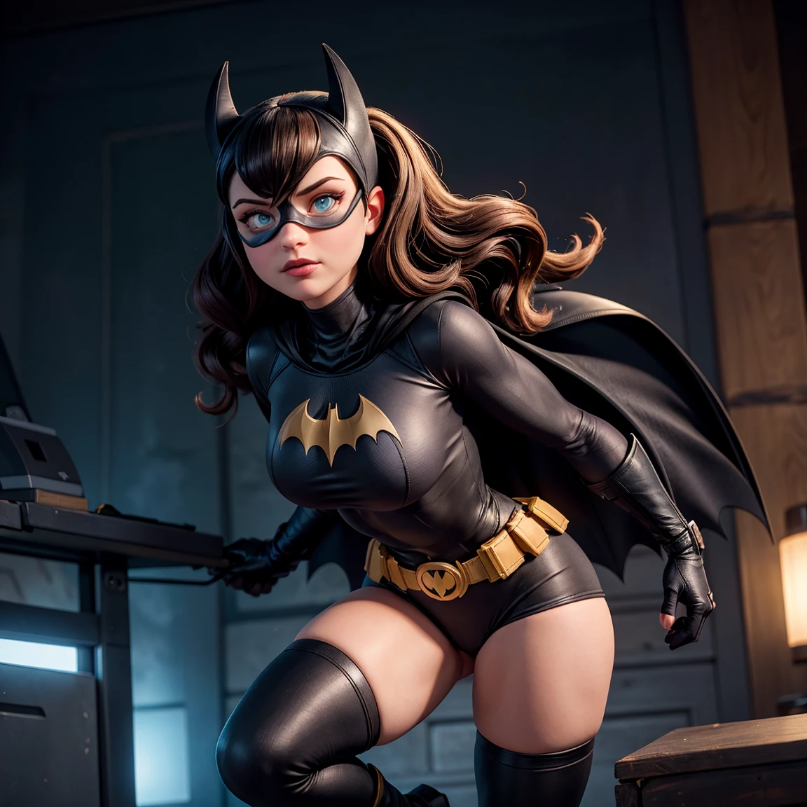 8K, Ultra HD, super details, high quality, high resolution. The heroine Batgirl looks beautiful in a full-length photo, her body is sculptural, her long black wavy hair is radiant in a perfect combination with her white skin, her bright blue eyes mesmerize everyone. She is wearing her heroine costume. It consists of a mask that covers the upper part of the face, leaving the eyes visible, and a tight bodysuit. It can be black, dark blue or purple, the material is made of resistant and elastic fabric to provide protection and allow agile movements, on the chest of the costume there is a bat symbol similar to the Batman symbol, she wears a utility belt that contains a variety of useful devices and equipment for her missions, Batgirl's boots and gloves are made of resistant material to protect her hands and feet during combat, she wears a black cape, an aesthetic element of the costume. She looks very sexy, drawing attention to her big breasts and thick legs.