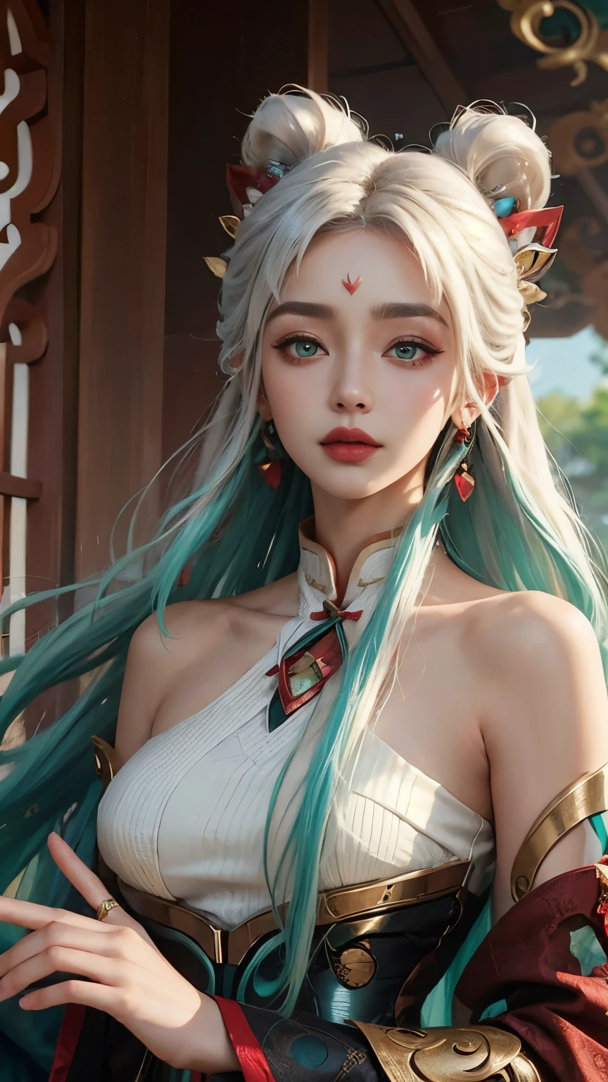 (masterpiece, best quality:1.2), intricate details, mythmaker irelia, 1girl, hair ornament, hair rings, bare shoulders, dress, detached sleeves, forehead mark, multicolored hair, white hair, earrings, green eyes, textured skin, looking at viewer, solo, light smile, (mature female:1.2),sexy pose