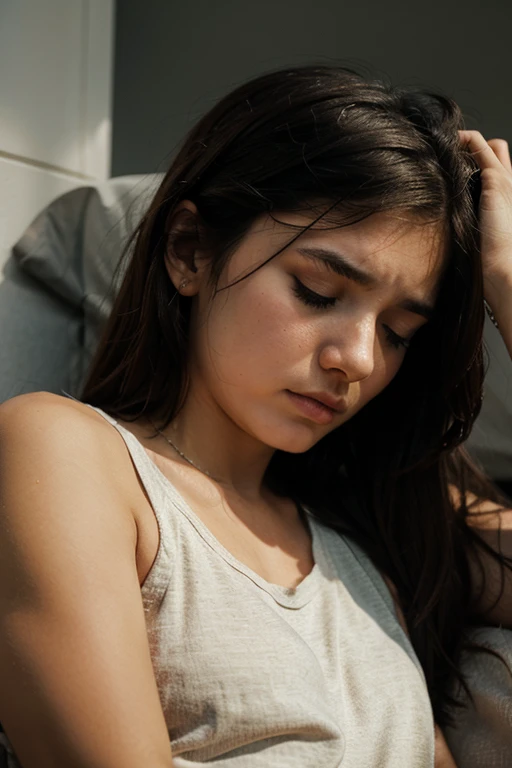 karen, 1girl, teen, sad, tears, indoors, window, sunlight, lying down, bed, brunette, long black hair, light eyes, wearing short jean shorts, very short, white t-shirt, belly out, photorealistic, dark studio, rim lighting, two-tone lighting, (high detailed skin: 1.2), 8k uhd, dslr, soft lighting, high quality, volumetric lighting, candid, photography, high resolution, 4k,  8k, Bokeh,
