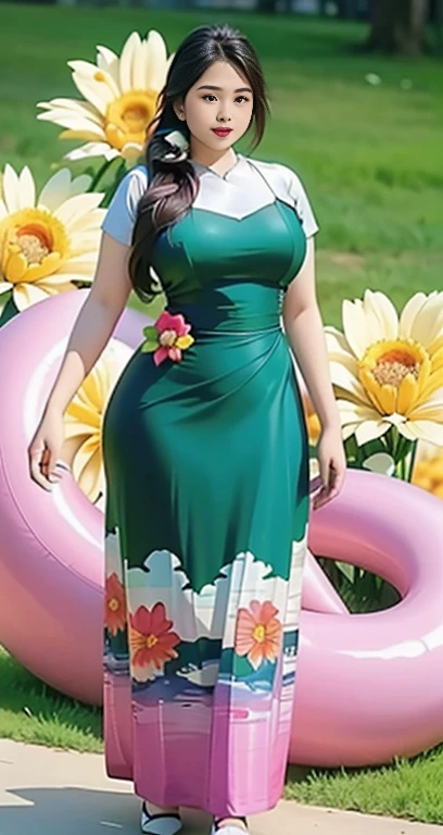 Burmese girl with attractive curvy full body. Friends full-length bikini, (green dress) reflective long dress painted with flower patterns, only dress. hi gh hips High resolution High resolution natural background High resolution HD 3D, 8K cartoon anime