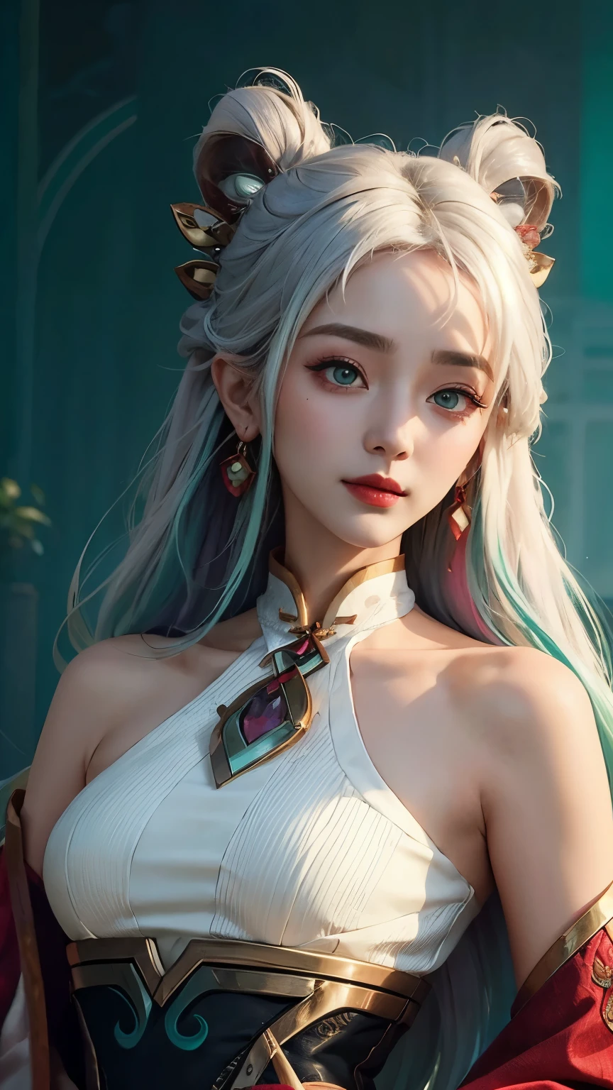 (masterpiece, best quality:1.2), intricate details, mythmaker irelia, 1girl, hair ornament, hair rings, bare shoulders, dress, detached sleeves, forehead mark, multicolored hair, white hair, earrings, green eyes, textured skin, looking at viewer, solo, light smile, (mature female:1.2),sexy pose