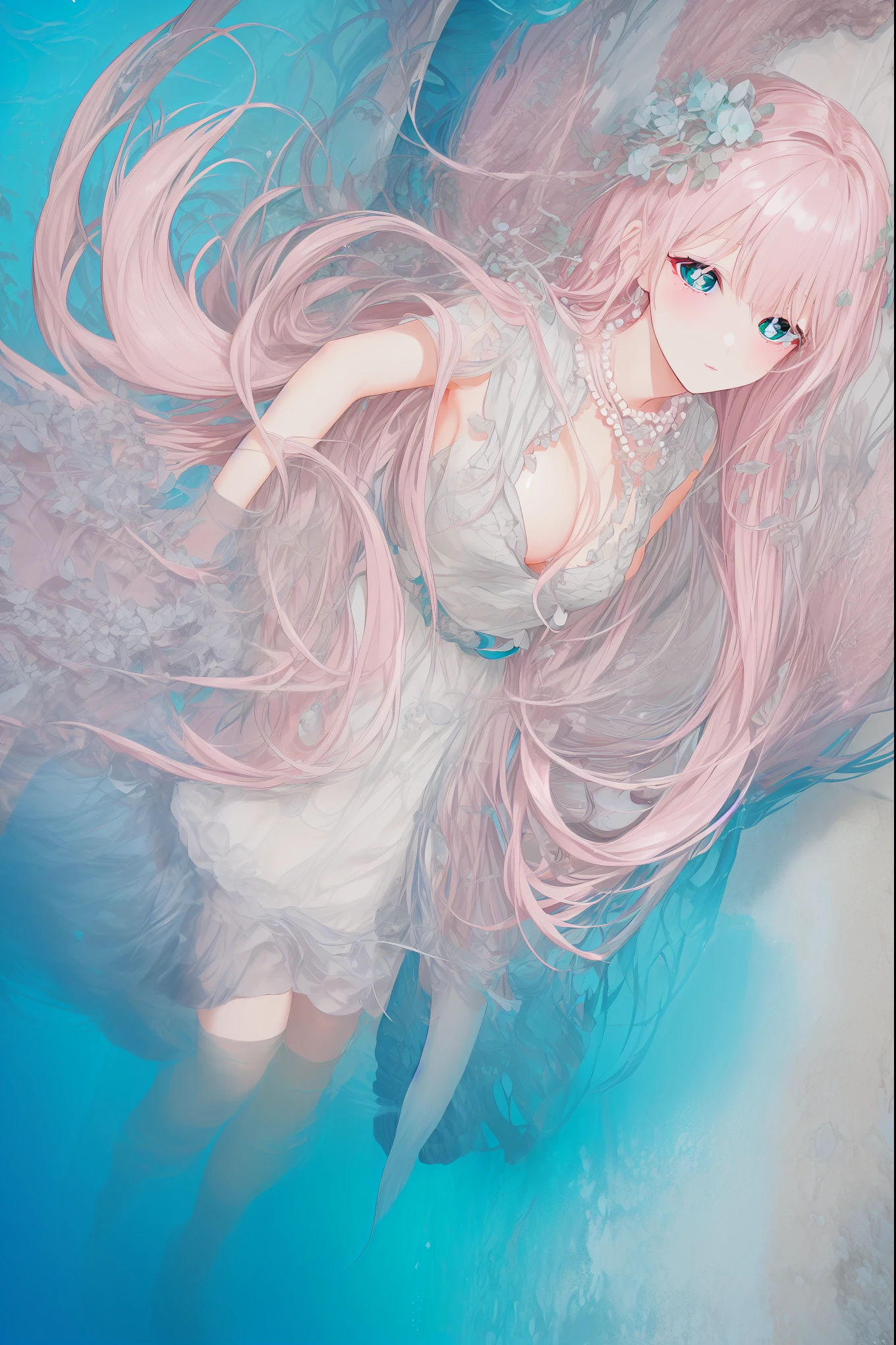 (((pearl pink hair,emerald pupils))),((beautiful and detailed)),(blushing), (geometric:1.1),(((under the water,in the ocean,bubbles,fish))), ((1girl,amazing,adorable girl,solo,arms down)),(Masterpiece,Best quality, offcial art,fractal art, Beautiful and aesthetic:1.2),(4k,HD,HRS),((small breasts)),(Physically-based rendering),Sharp focus, (((highdetailskin,The details are complex、Shallow depth of field、movie lighting、Reflectors、a Canon EOS R5、50mm lens、f / 2.8、shot at 8k resolution))),simple cloths,correct pupils,((((shiny hair|detailed hair|half bangs|long hair)))),(masterpiece sidelighting),(The sheen),(beautiful hair,beautiful background,bokeh:55mm)),((extremely_Detailed_Eyes_and_face)),Movie girl,(Dynamic posture: 1.2),Brilliant