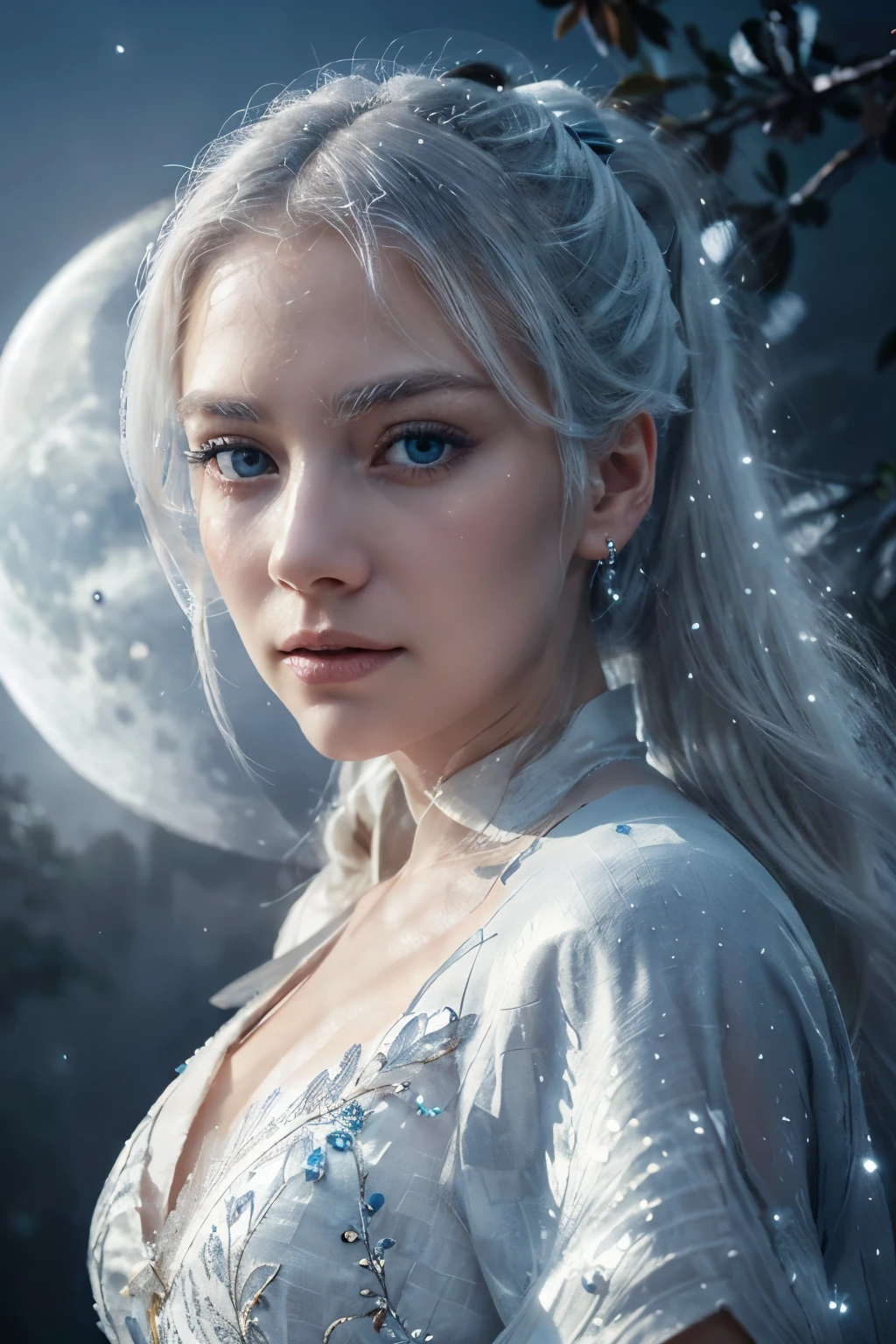 Masterpiece, (Best Quality: 1.2), (Super Fine: 1.2), Illustration, (Extremely Delicate and Beautiful: 1.2), Film Angle, Floating, (Beautiful Detail Eye: 1.1), (Detail Light: 1.1), Film Lights, Delicate Sky, Woman, White Hair, Blue Eyes, (High Ponytail: 1.1), Cloak, Glowing Eyes, (Moon: 1.2), (Moonlight: 1.1), Starry Sky, (Light Particles: 1.1), Fog , snow painting, sketching, blooming