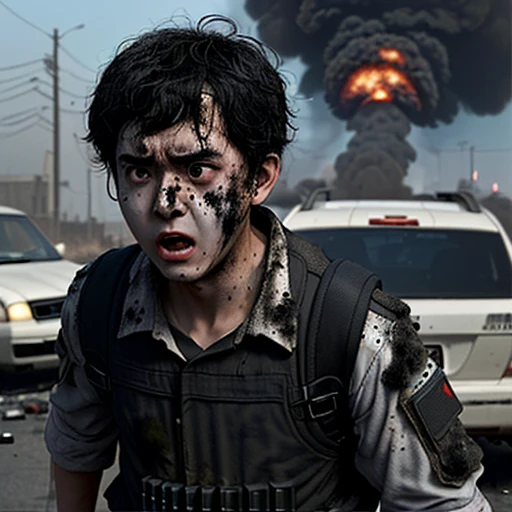 A bomb exploded in a comedy movie、Boy covered in soot