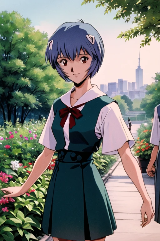 masterpiece,highest quality,High resolution,Rei Ayanami,One girl,alone,Blue Hair,short hair,bangs,Red eyes,Cowboy Shot,1990s \(style\),View Viewer,garden,sunlight,Dynamic pose,Medium chest ,smile,Tokyo-3_middle_School_uniform,