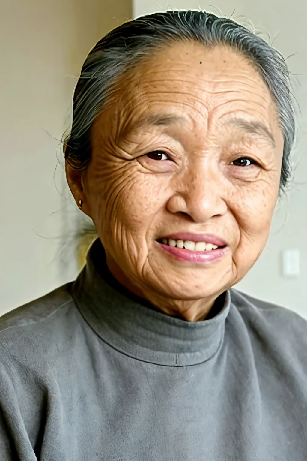 best quality, masterpiece,  asian women,mole, alone, Lips, gray_background,realistic, High_body, looking for_~to_viewer, Black color_hair, brown_eye, swe~toer, forehead, nose, turtleneck, Old Woman, 70 years old, 