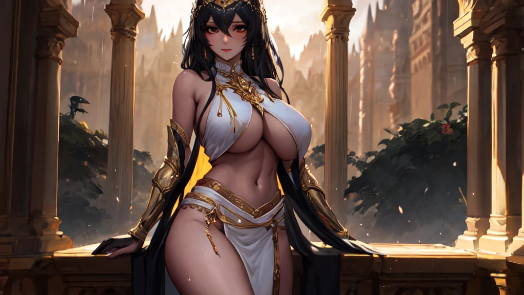 Woman in a golden transparent dress,View Viewer,(((Huge breasts, University of Kili))),Slim waist,(Navel exposed,Bare waist), long hair, extreme detailed details,High-end real station, Heavy rain scene, Detailed fantasy art, Stunning character art, Beautiful and exquisite character art, Beautiful gold and silver armor, Very detailed, girl in shining armor, Exquisite headpieces and jewellery,crystal jewelry filigree, Galaxy, Stunning visuals, (Dynamic Stripes, light track:1.2), Vibrant colors,