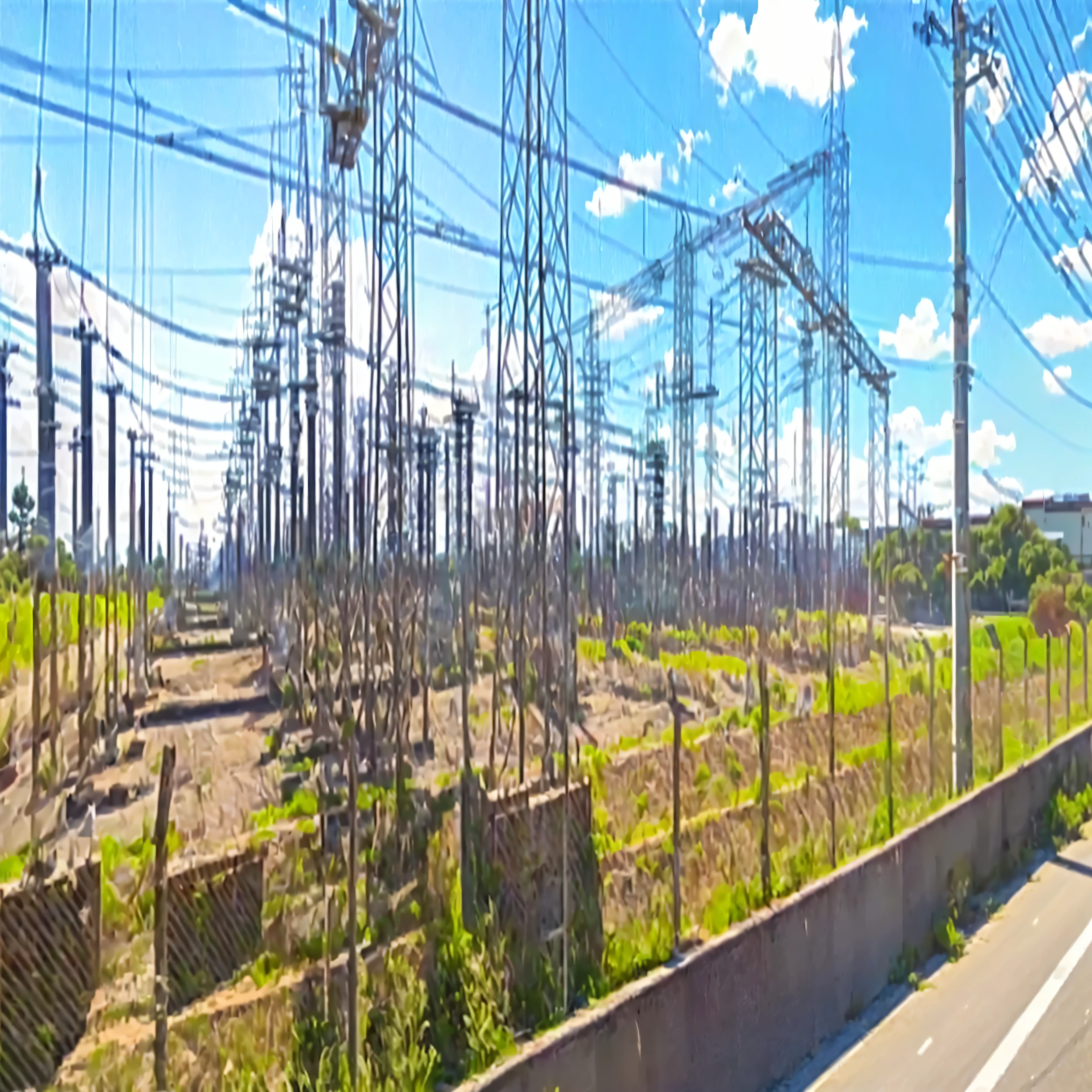 arafed power lines and electrical poles on a highway, electrical plant location, vasto poder, electricity archs, Usinas, widescreen, foto tirada em 2 0 2 0, inimaginavelmente enorme, foto de grupo, electric, por Echo Chernik, foto dsrl, foto descoberta, widescreen shot, panoramic photo, carregado