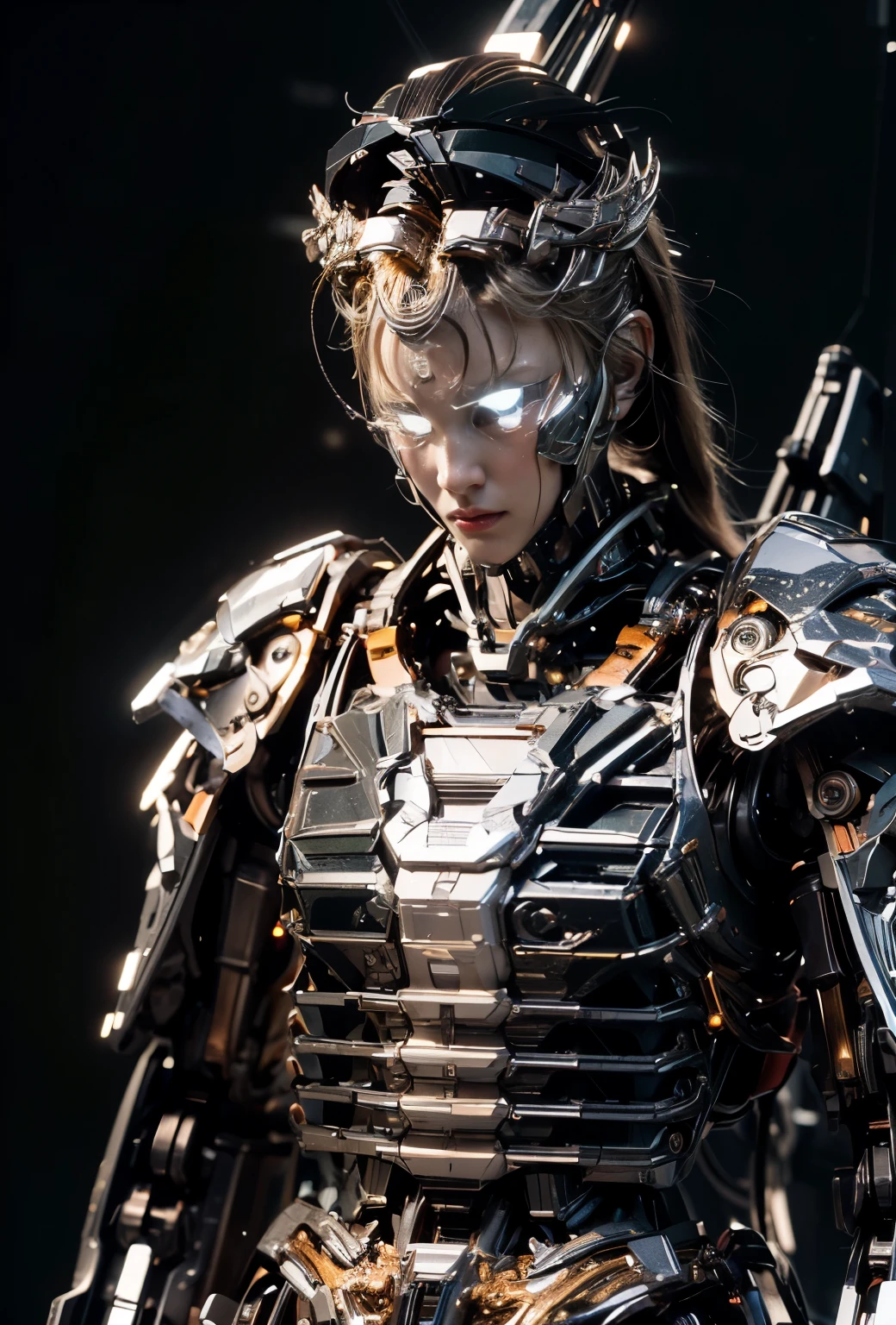 (masterpiece, best quality:1.2), (8k uhd, 16k, 32k, ultra high res), movie,official art, promotional art, movie wallpaper, extremely detailed CG unity 4k wallpaper, ultimately intricate details, white background, full body, concept art, production art, (Mechanical components:1.5),(mechanical prosthesis:1.5), mechanical wings, wings, highres, (realistic, photo-realistic:1.2), physically-based rendering, machinery, reflection, realistic, cyberpunk, symmetric front view close up head shot eyes symmetry face very sharp focus realistic award winning matte drawing cinematic lighting 1girl, robot, slim, fair skin,delicate face, tights,shine, Bodysuit, (blond long hair),green eyes, laboratory, chip, shine,braid