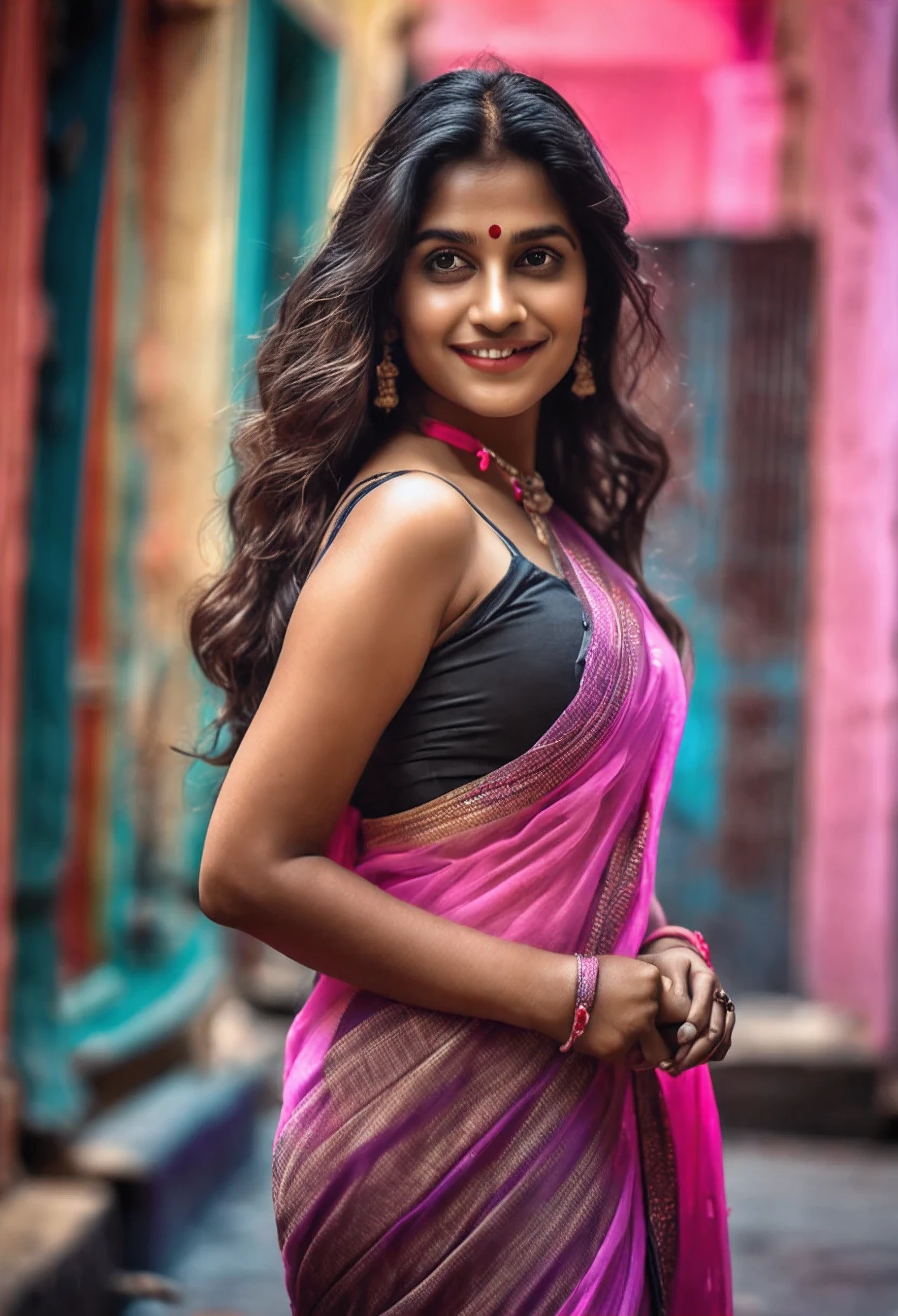 RAW photo, face portrait photo of beautiful 20 y.o woman, cute face, wearing black white sari, happy face, hard shadows, cinematic shot, dramatic lightin, big , long hair, dramatic background, dark pink lips, sexy figure , multi color background, tajmahal background