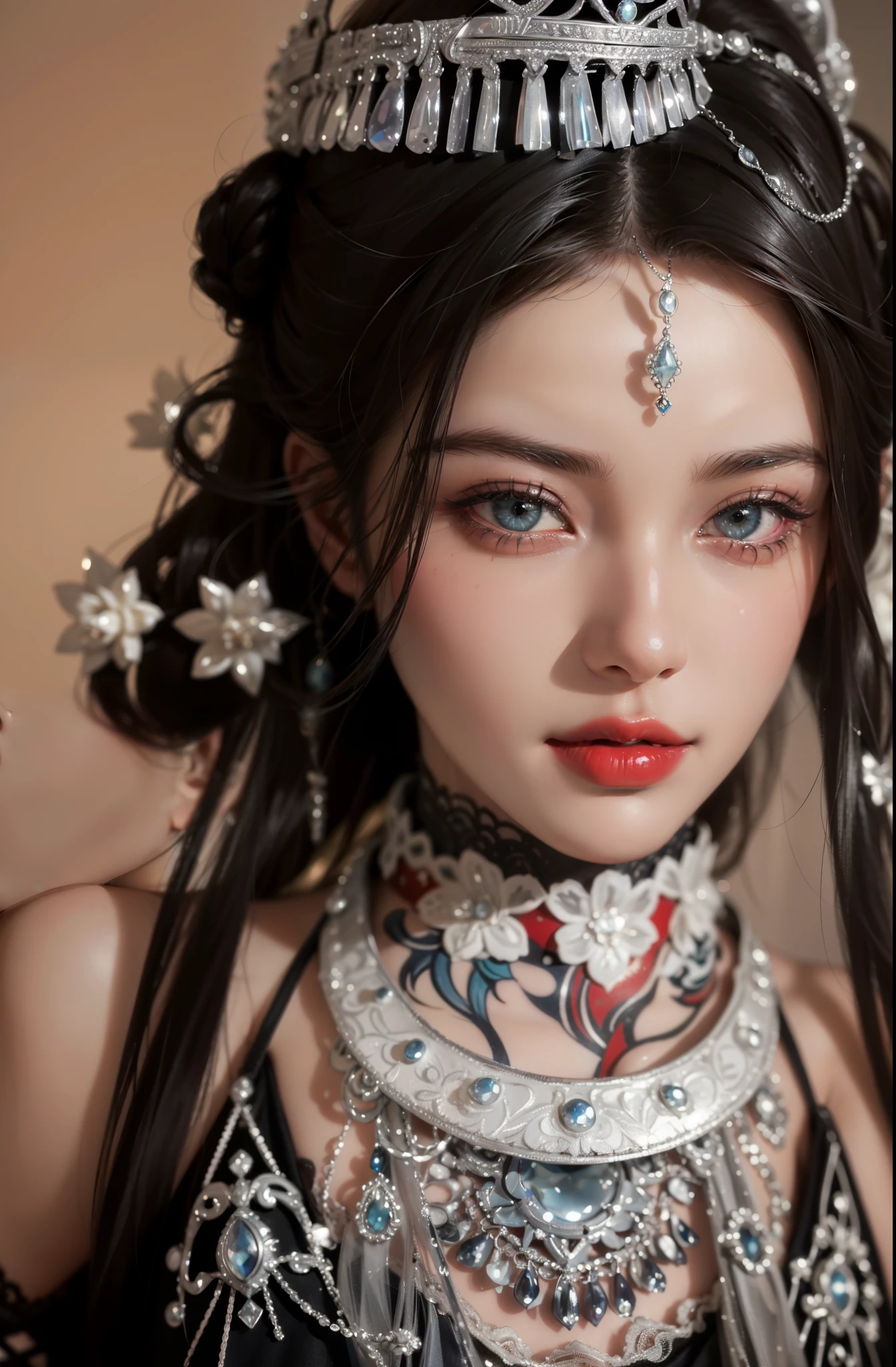 Royal princess，Super detailed, Delicate face, Stock Photography , Portrait 400, F1 Camera Lens.6, Colorful, Surrealism, Realistic textures, Dramatic Lighting, Thin Film Distiller 800 (8K, original photo, Better quality, masterpiece: 1.2), Super detailed, (Extremely delicate skin: 1.2), 8K Ultra HD, SLR camera, Soft Light, high quality.Fire Queen，Blue pupils，Apply red lipstick，Have a tattoo，The tattoo is very three-dimensional，Gorgeous and intricate tattoo designs，8K Mugshot，Large Breasts，Dark eyeshadow，Sexy thick lips(Red lipstick)，Ice Princess，The facial features are very three-dimensional，Wear lace prints，Silver jewelry