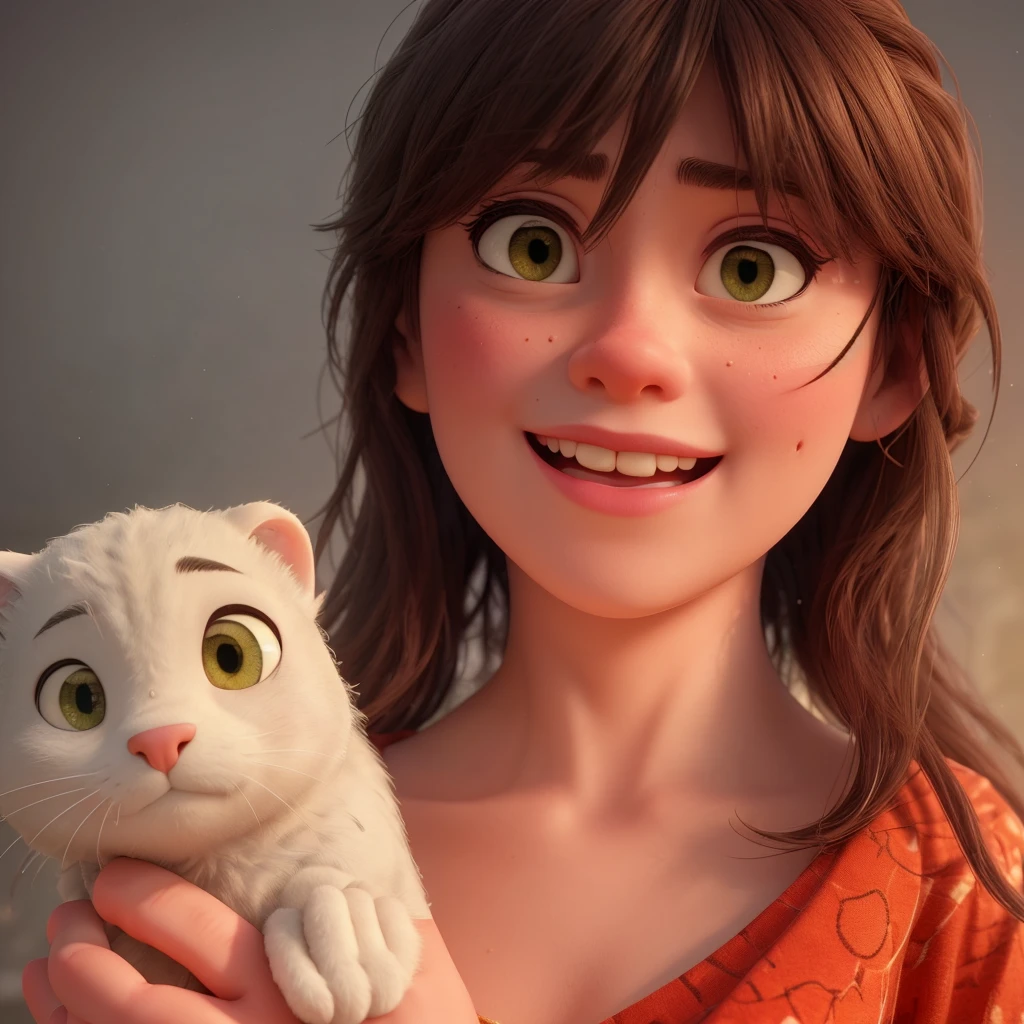 "(best quality,ultra-detalhado,Realistic:1.37),3D rendering,illustration,design de personagens,cabelos longos e ondulados escuros,belos olhos verdes,Estilo Pixar,morena mulher, com um gato bege claro com olhos azuis,expression joyful"