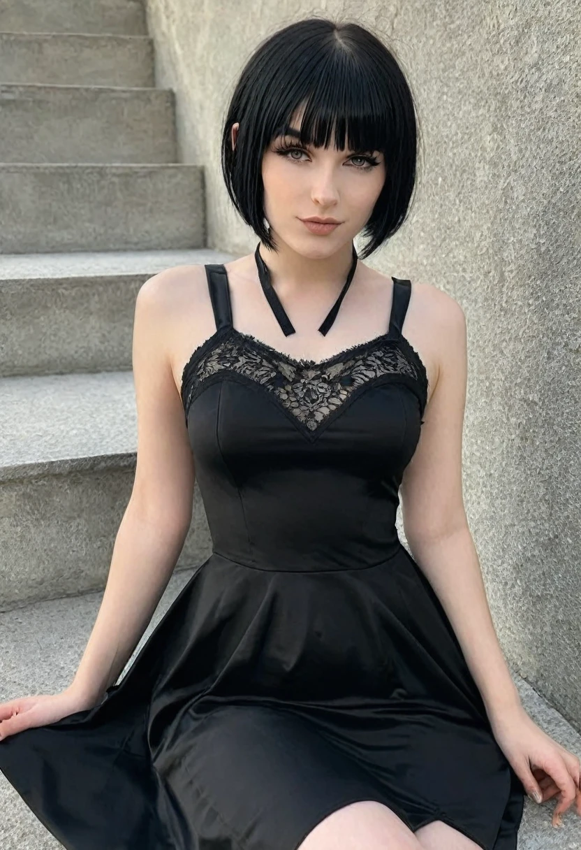 (Hotlexi woman), (best high quality:1.5), ((8k)), extremely detailed, (High details:1.4), Solo, 18 year old goth female, (short hair and bangs, sexy black dress),