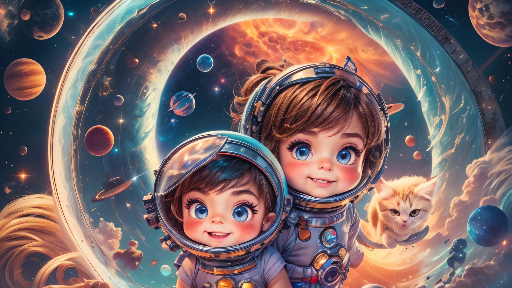 Cartoon illustration of a boy and a girl in space with cat, official fan art, in space, kitten in outer space, in outer space, in deep space, in galaxies, deep space exploration!!!, space travel, wearing in stars and planets, outer space, outer space, starry sky in space, in space, official art, space, on a spaceship, colorful, cute, more detailed, light, more realistic, cartoon
