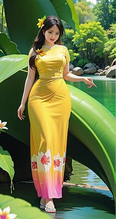 Burmese girl with attractive curvy full body. Friends full-length bikini, (green dress) reflective long dress painted with flower patterns, only dress. hi gh hips High resolution High resolution natural background High resolution HD 3D, 8K cartoon anime