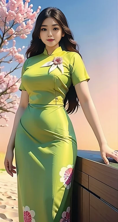 Burmese girl with attractive curvy full body. Friends full-length bikini, (green dress) reflective long dress painted with flower patterns, only dress. hi gh hips High resolution High resolution natural background High resolution HD 3D, 8K cartoon anime