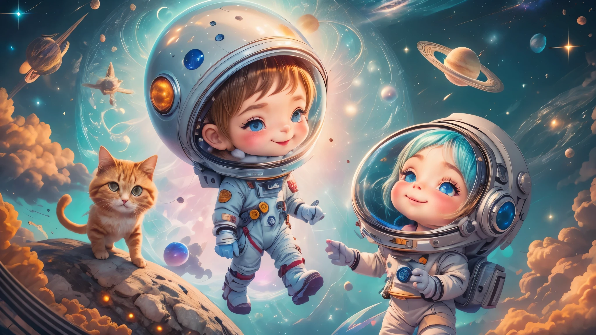 Cartoon illustration of a boy and a girl in space with cat, official fan art, in space, kitten in outer space, in outer space, in deep space, in galaxies, deep space exploration!!!, space travel, wearing in stars and planets, outer space, outer space, starry sky in space, in space, official art, space, on a spaceship, colorful, cute, more detailed, light, more realistic, cartoon