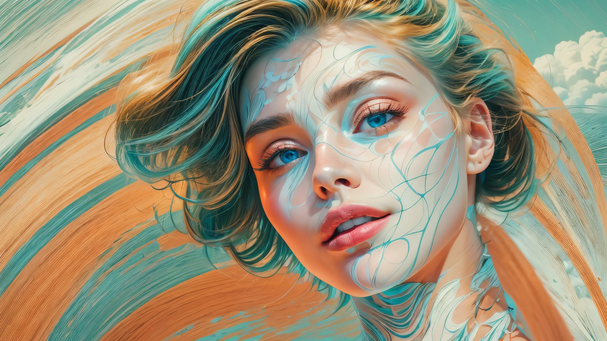 masterpiece, best quality, movie still, 1girl, floating in the sky, cloud girl, cloud, (close-up:1.1), bright, happy, fun, soft lighting, (Bauhaus, shapes, lines, abstract:1.1)