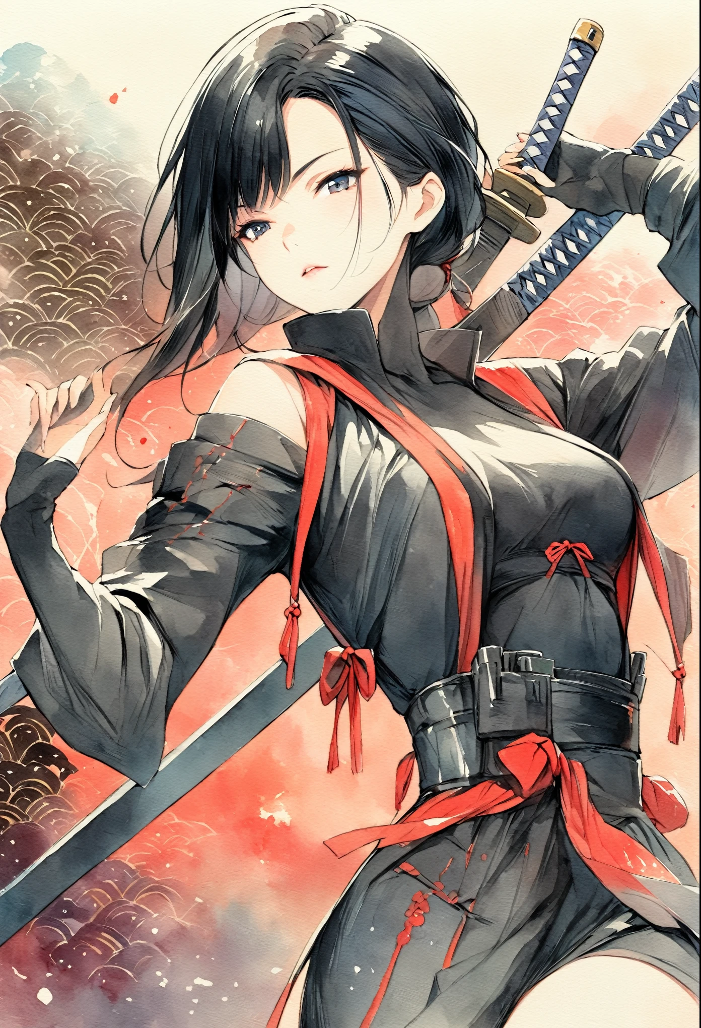 masterpiece, Best quality, Drawing of a black-haired futuristic female ninja illustration, watercolor (medium), 1girl, breast, Dressed in sophisticated modern ninja costumes，Equipped with traditional and technological weapons. She has long black hair，Tied with a red ribbon and a symbol。She must be wearing a high-end black outfit with red accents，These include letters. She was holding a sword，The hilt and scabbard have intricate patterns. The background is the Edo period, Five fingers.