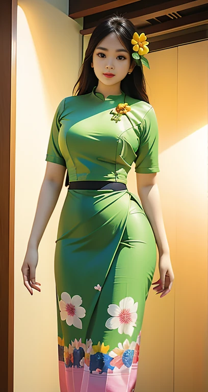 Burmese girl with attractive curvy full body. Friends full-length bikini, (green dress) reflective long dress painted with flower patterns, only dress. hi gh hips High resolution High resolution natural background High resolution HD 3D, 8K cartoon anime