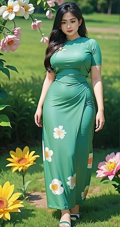 Burmese girl with attractive curvy full body. Friends full-length bikini, ( dress) reflective long dress painted with flower patterns, only dress. hi gh hips High resolution High resolution natural background High resolution HD 3D, 8K cartoon anime