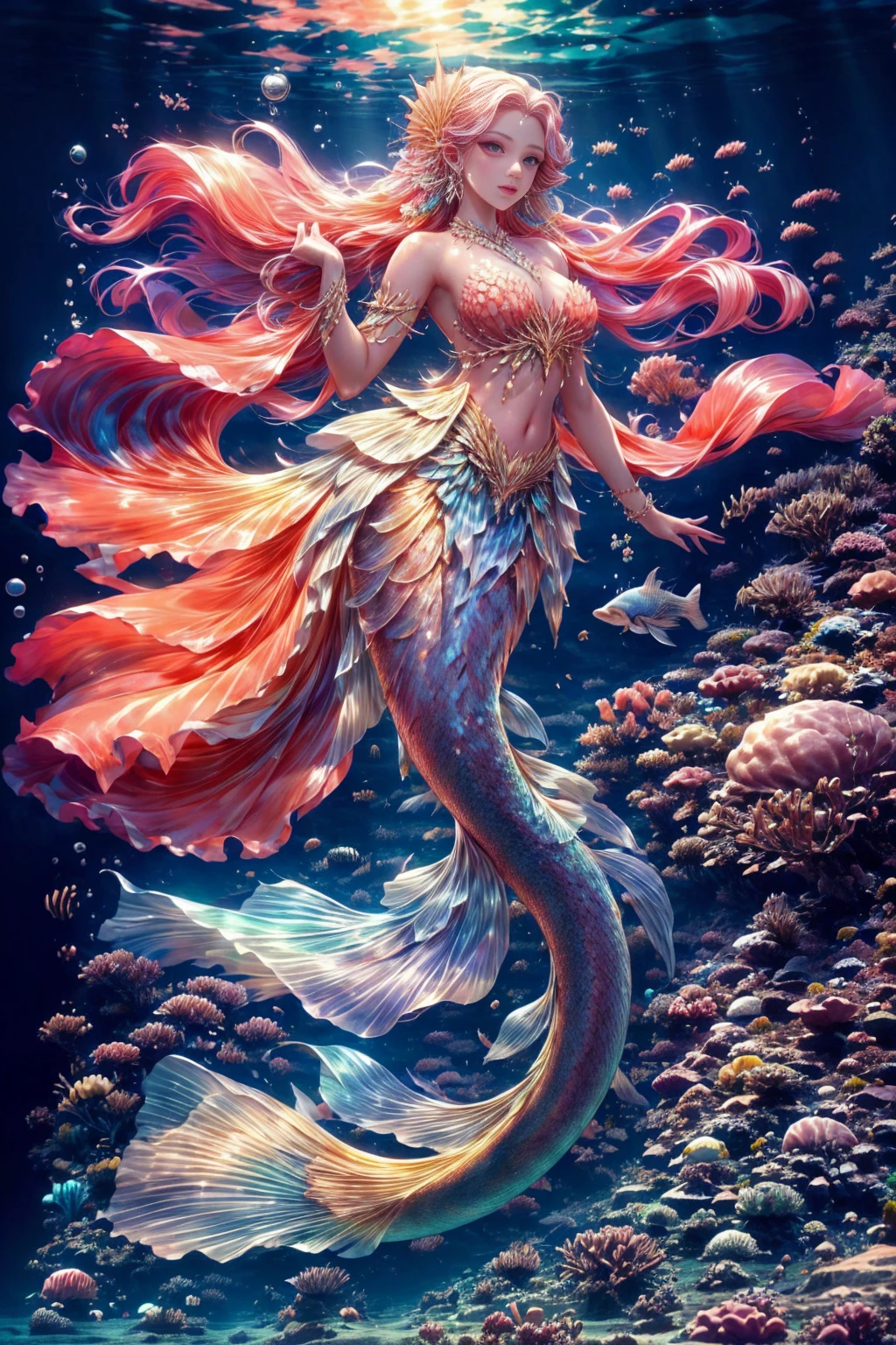 princesa sirena con vestido elegante corona de coral y brillantes, cola de pez, escamas doradas, oscuridad iluminada por rallo de sol, hermosa imagen, in the deep ocean, intrincado, de fondo un pulpo gigante, HD 8K hiper detallado