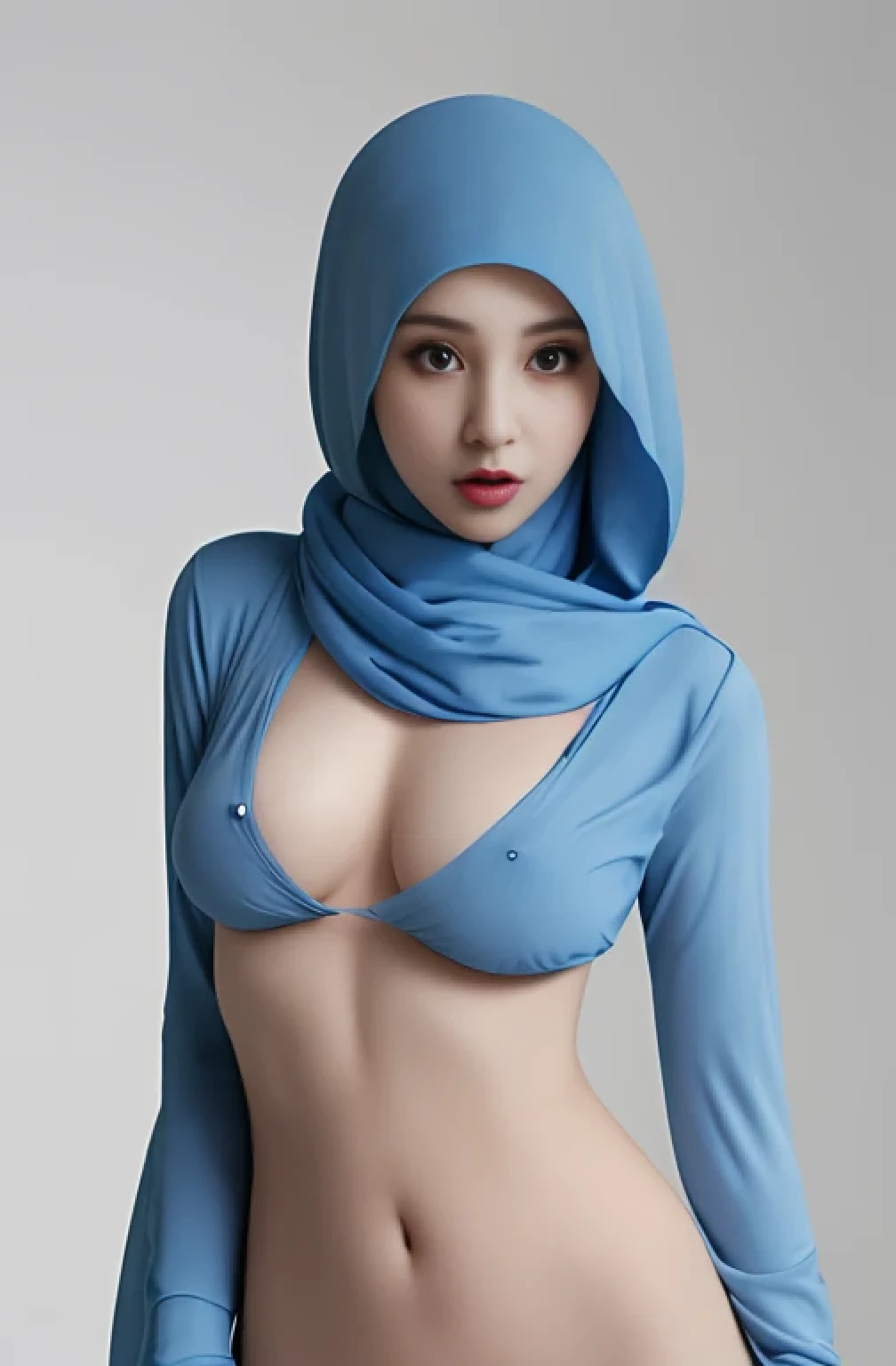 Erotic, beautiful girl, sex, +18, pashmina hijab, blue hair, medium breasts, long sleeved shirt open chest, hard breasts,