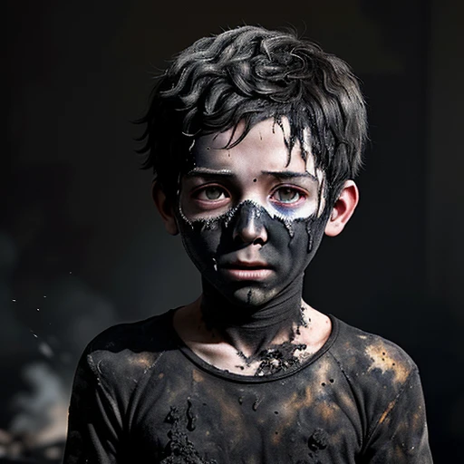 A boy covered in soot after being caught in an explosion and burned to a crisp