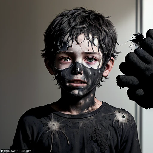 Close-up of a boy actor covered in soot after a gas explosion during the filming of a comedy movie