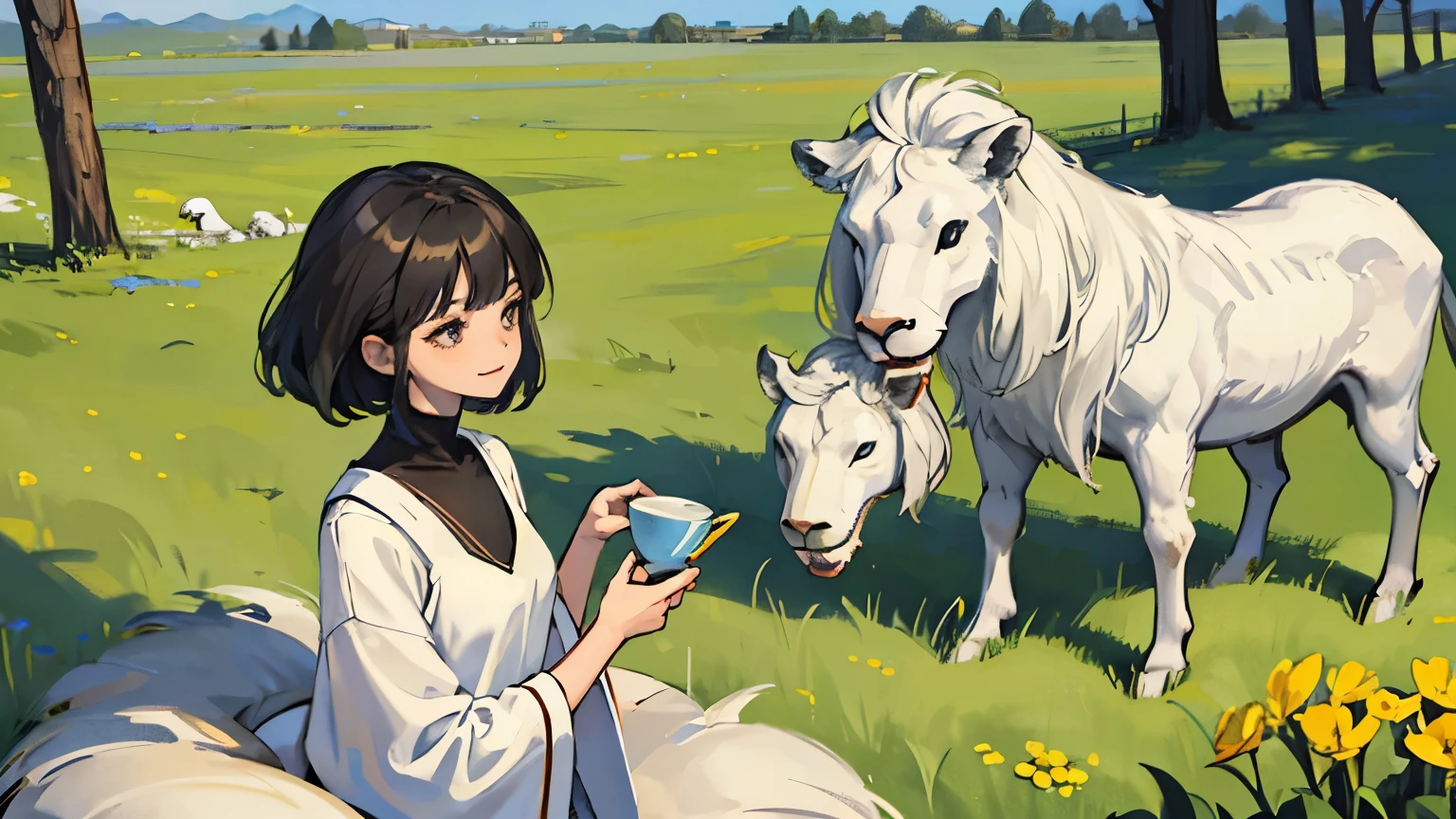 A serene, beautiful illustration of a girl with black medium-length hair, enjoying her lunchtime in a vast grassland. She is dressed in a white sweater and denim shorts, laughing while interacting with a lion, a sheep, a deer, and a horse. The background showcases the vastness of the plains, with rolling hills and a bright sky above. The overall atmosphere of the scene is one of joy and harmony with nature.