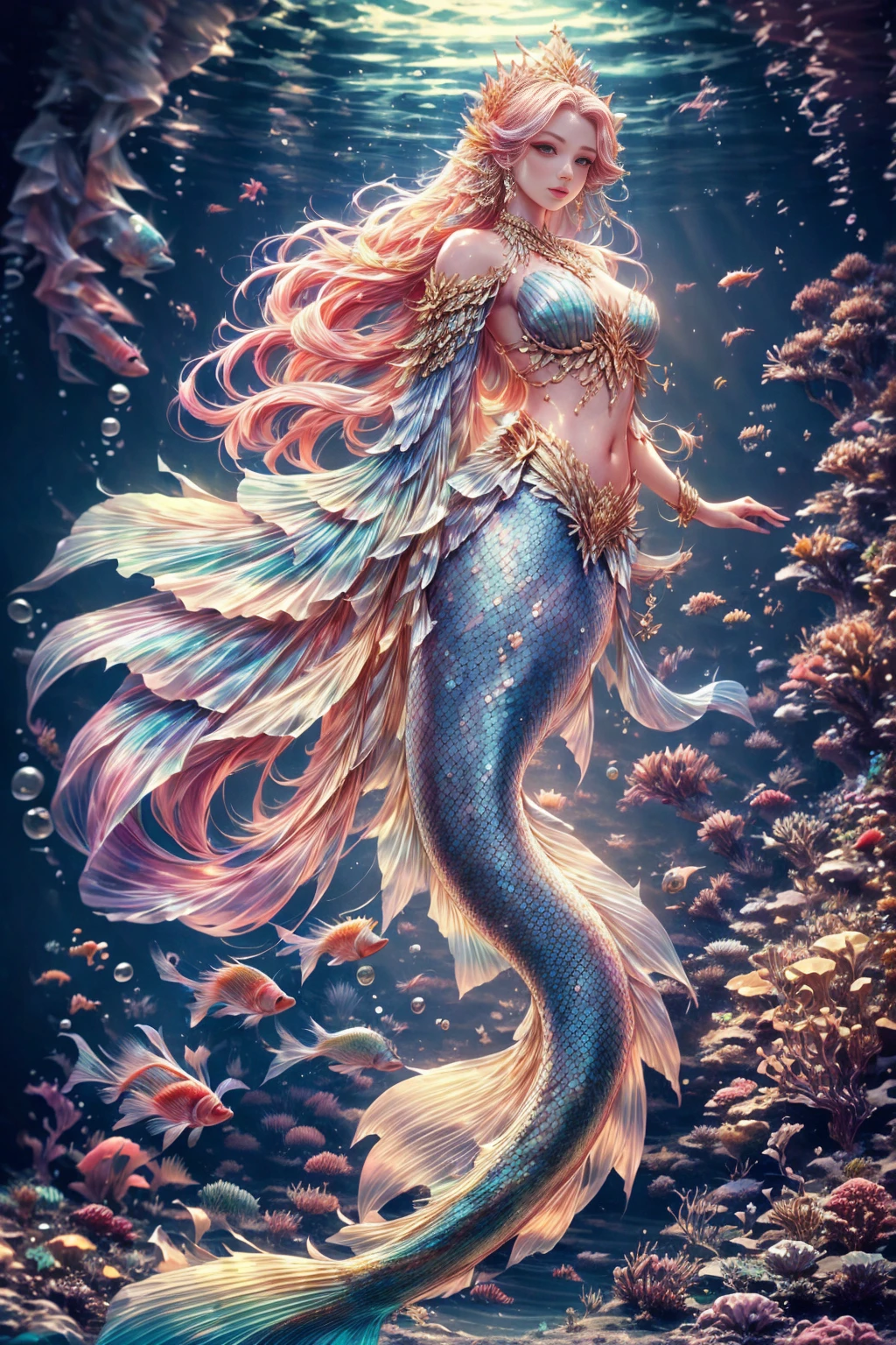 1girl, beautiful mermaid princess, elegant mermaid dress, coral crown, sparkling crown, golden fish tail, golden scales, deep ocean, sunlight ray, intricate details, high quality, photorealistic, 8k, masterpiece, fantasy, dramatic lighting, cinematic, award-winning digital art