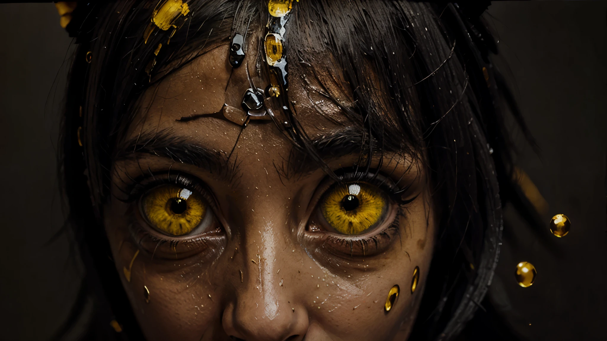 extreme (closeup:2.0) RAW photography, Pure golden eye beautiful Face of mythical (half angel:0.1) (half devil:1.0) lady (upclose:2.0) spooky and supernatural green patches on face with awesome (halloweentechto glasses) <lora:halloweenTech:1.2>, (scream:1.0), (trick:1.0), (ugly:1.0), (abomination:1.0), (horror:1.0), (teeth:1.0), (smile:0.0), (treat:0.0), (cleavage:0.2)