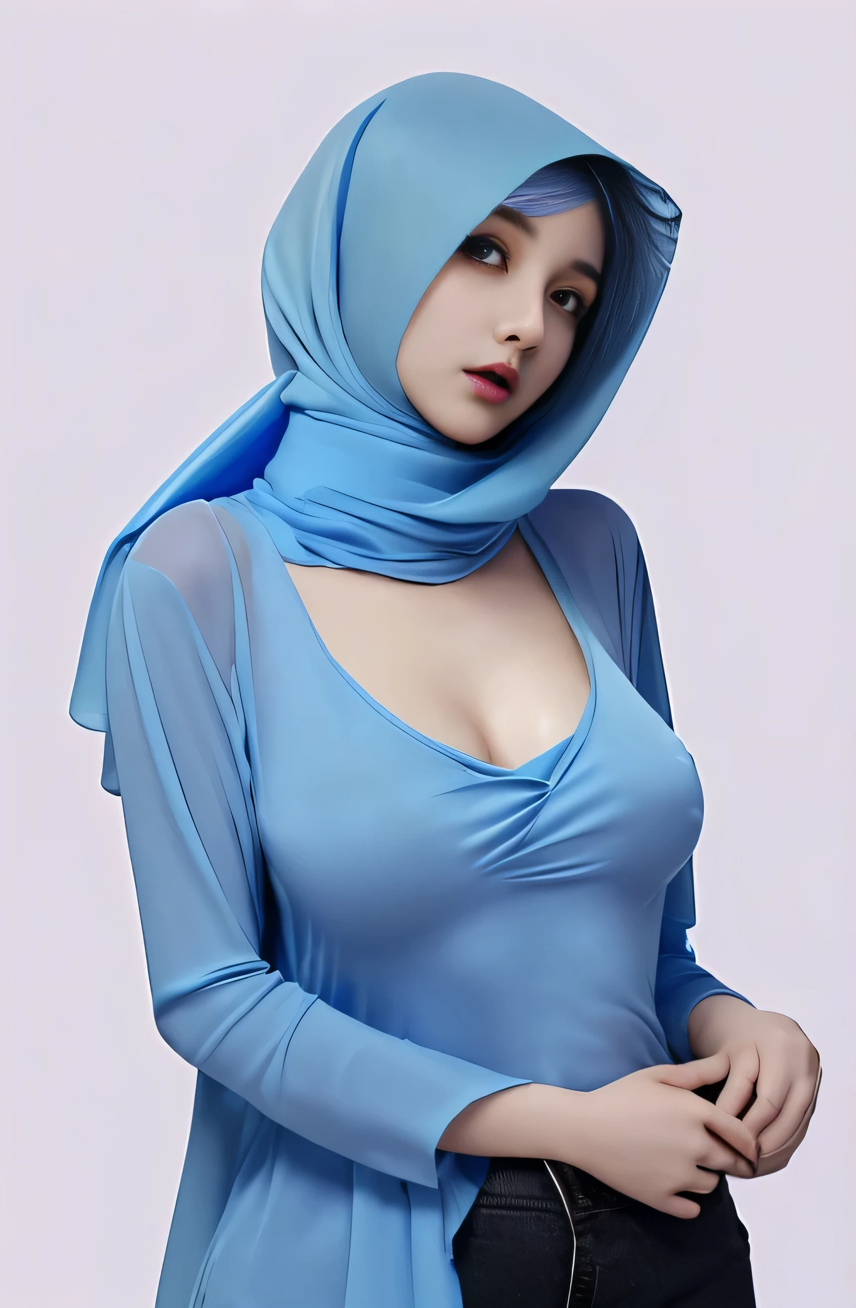 Erotic, beautiful girl, sex, +18, pashmina hijab, blue hair, medium breasts, long sleeved shirt open chest, hard breasts,