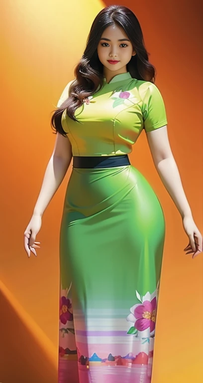 Burmese girl with attractive curvy full body.  Friends full-length bikini, (green dress) reflective long dress painted with flower patterns, only dress.  hi gh hips  High resolution  High resolution  natural background  High resolution  HD  3D,  8K cartoon anime 