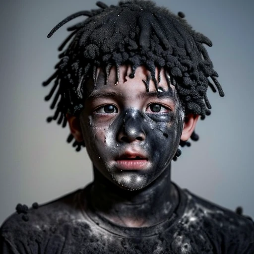 A boy covered in soot after being caught in an explosion and burned to a crisp