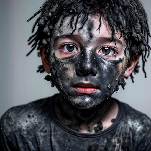 A boy covered in soot after being caught in an explosion and burned to a crisp