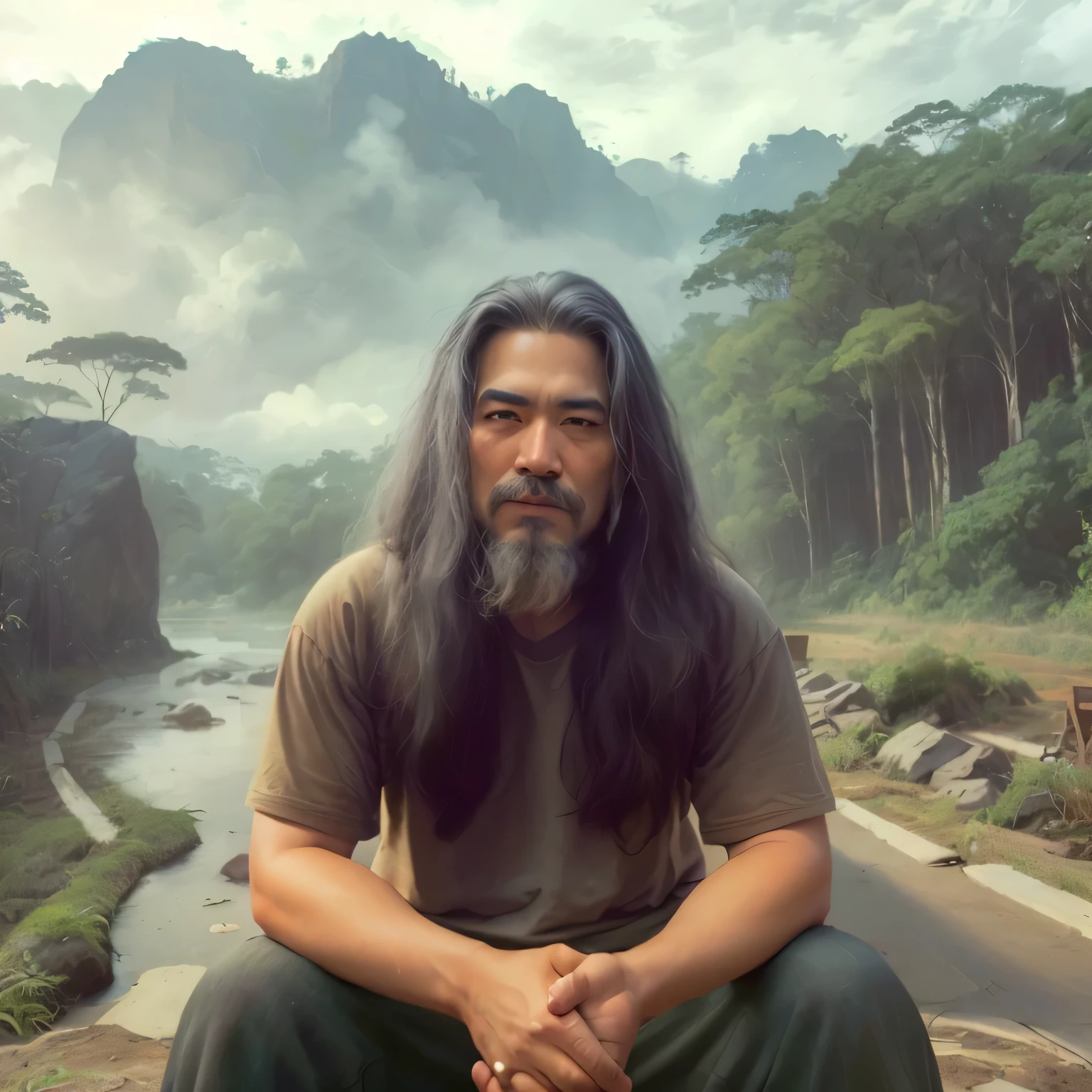 arafed man with long white hair and beard sitting on a rock, matte painting portrait shot, inspired by Rudy Siswanto, environmental portrait, inspired by Erik Pevernagie, in front of a forest background, bao pham, amidst nature, realism art, inspired by Bohumil Kubista, ross tran and michael whelan, nft portrait