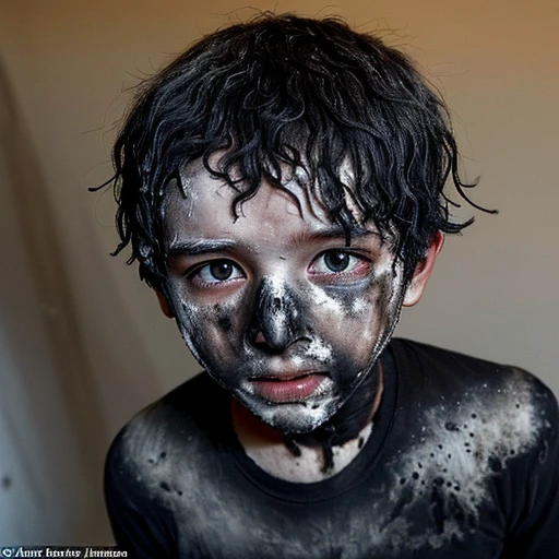 A boy covered in soot after being caught in an explosion and burned to a crisp