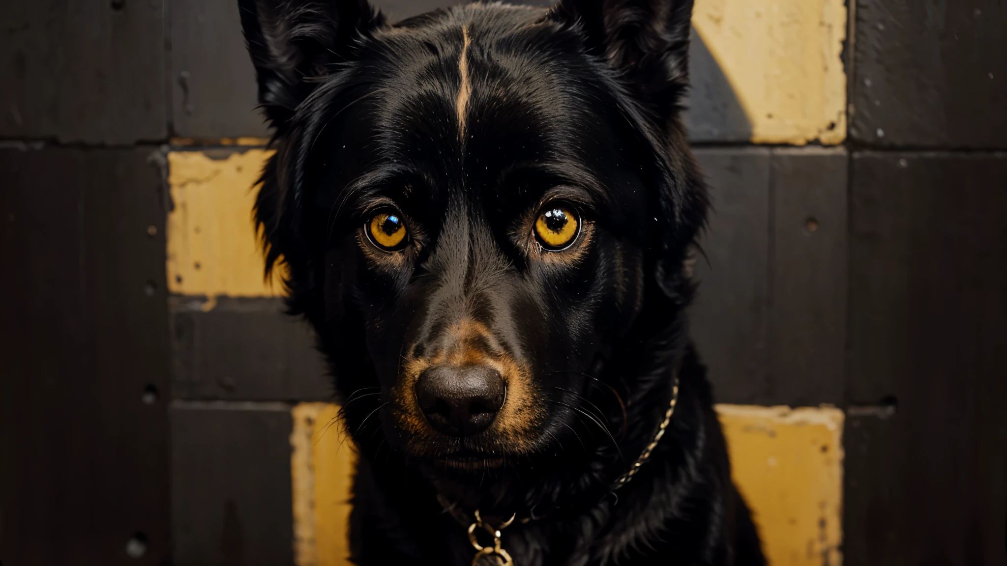 black dog with yellow eys in oil painting
