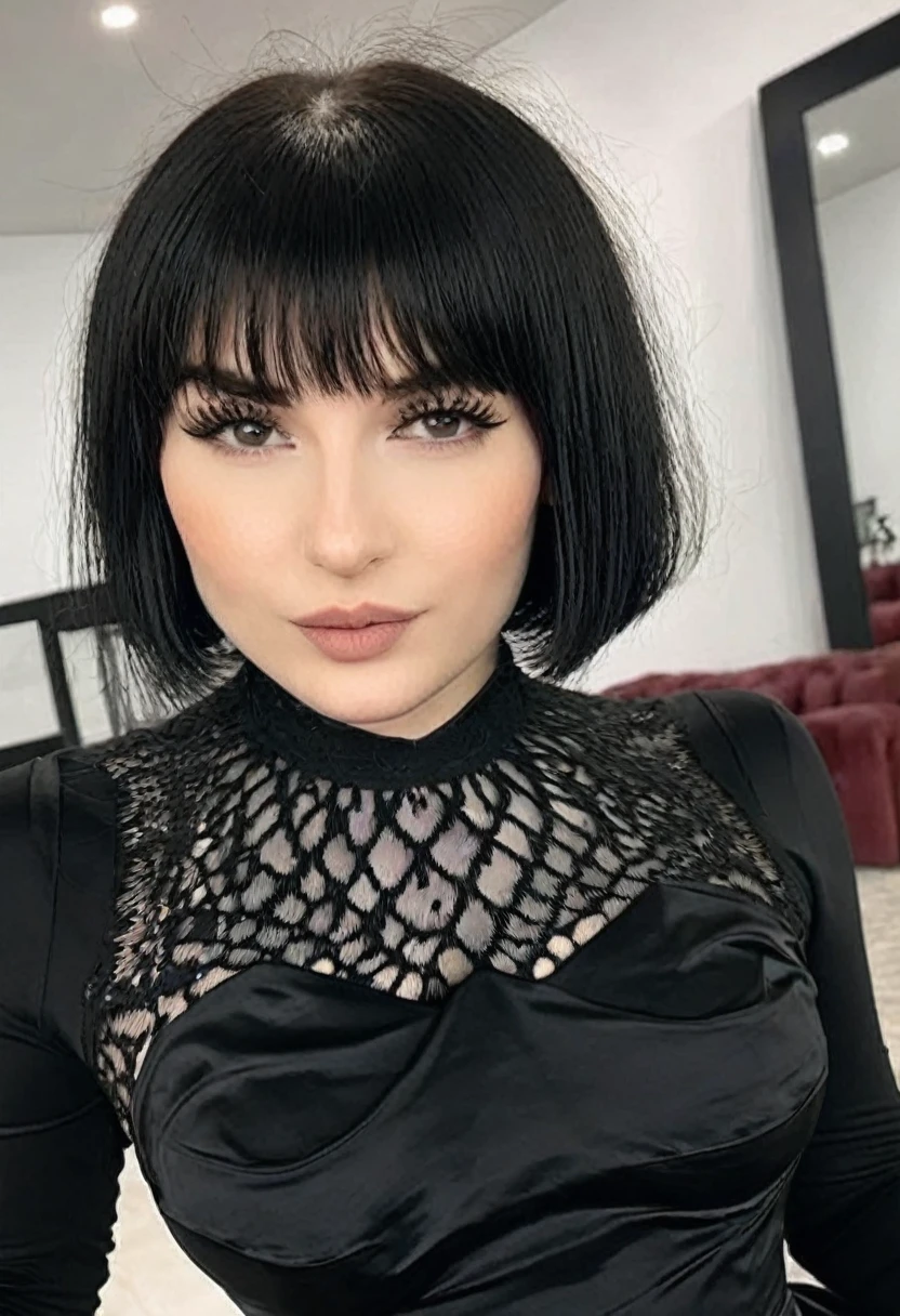 (Hotlexi woman), (best high quality:1.5), ((8k)), extremely detailed, (High details:1.4), Solo, 24 year old goth female, (short hair and bangs, sexy black dress),