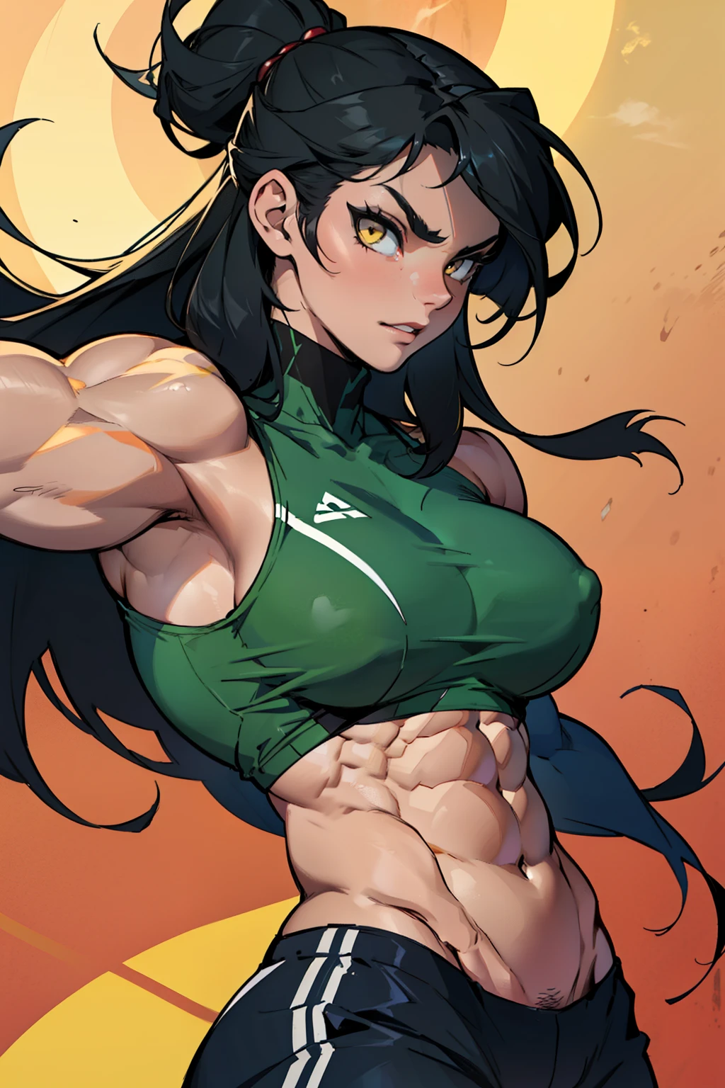 (((((muscular 1 girl))))), huge breasts, toned body, black hair, pale skin, yellow eyes, very long hair