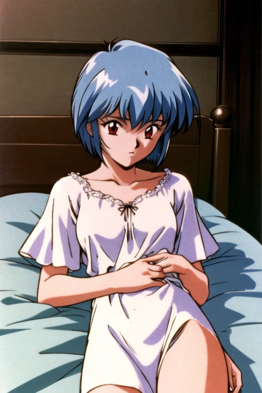 masterpiece,highest quality,High resolution,One girl,alone,Blue Hair,short hair,bangs,Red eyes,Cowboy Shot,1990s \(style\),On the bed,Lie in,Nightgown,