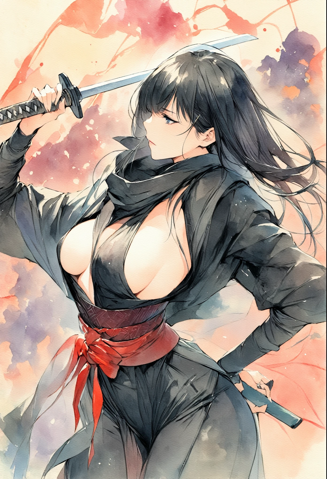 masterpiece, Best quality, Drawing of a black-haired futuristic female ninja illustration, watercolor (medium), 1girl, breast, Dressed in sophisticated modern ninja costumes，Equipped with traditional and technological weapons. She has long black hair，Tied with a red ribbon and a symbol。She must be wearing a high-end black outfit with red accents，These include letters. She was holding a sword，The hilt and scabbard have intricate patterns. The background is the Edo period, Five fingers.