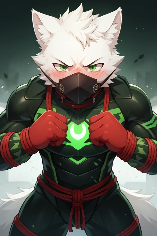 White Wolf，angry，blush，Future Warrior，Black and green battle suit，Green eyes，（Tight），Collar，muscle，Half face mask，（Constraints），Handcuffs，Red rope tied limbs，captivity。