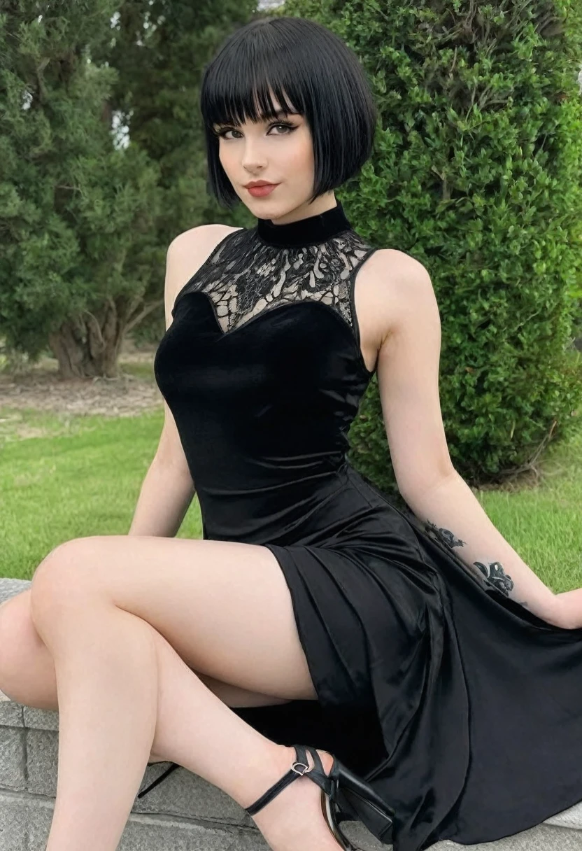 (Hotlexi woman), (best high quality:1.5), ((8k)), extremely detailed, (High details:1.4), Solo, 24 year old goth female, (short hair and bangs, sexy black dress),