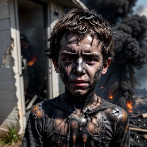 A boy covered in soot after being caught in an explosion and burned to a crisp