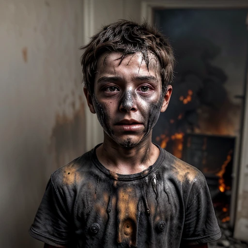 A boy covered in soot after being caught in an explosion and burned to a crisp