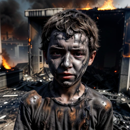 A boy covered in soot after being caught in an explosion and burned to a crisp