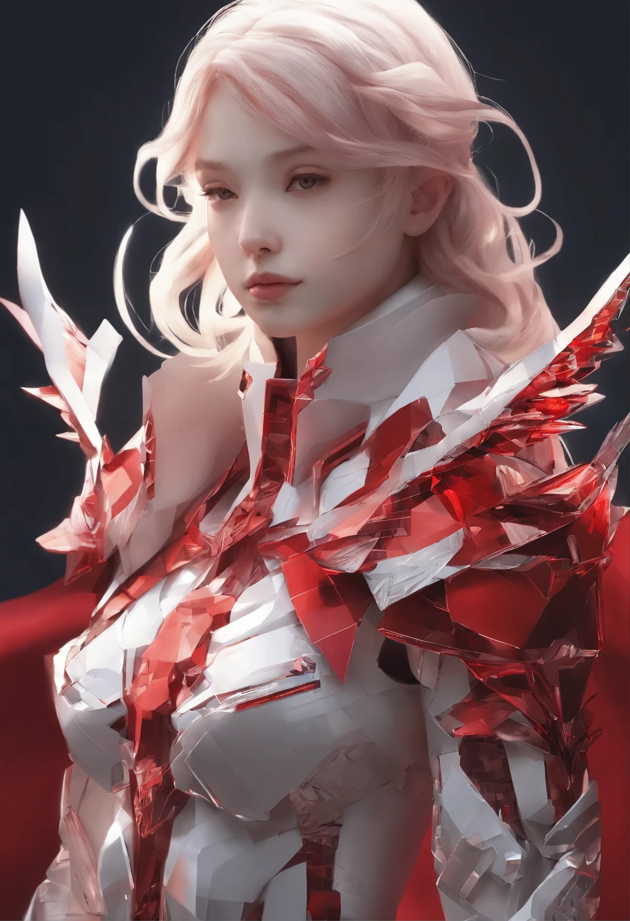 World Style,Armor Girl,Crystal material(3D Rendering Armor,refractive index:1.76 - 1.78,Albedo:0.03 - 0.05,ambient Light:Between 20-50,color:Dark Red, Medium saturation,Type of Light:ambient Light:1.2,Light source color:北極Light,Light源强度:Between 1 and 2,Light源方向:Adjust the position and direction of the Light source appropriately according to the shape and material of the object,Number of Light sources:2 - 3 Light sources
)Crystal exoskeleton,Red cape,beautiful female knight,Detailed fantasy art,Red crystal armor,(Red crystal:15),(Red 0.5),(Crystal texture:1.5),Light滑的表面,high transparency,HD晰度,Textures and details inside materials,Piezoelectric effect,逆Piezoelectric effect,Light學繞射,amazing armor,2.5D CGI fantasy artwork, 4k details fantasy,High Detail, Surrealism, Cubism, Constructivism, Chiaroscuro, Light线追踪, backLight, Stereoscopic View, Light, UHD, Retina, masterpiece, precise, Anatomically correct, high resolution, best quality, Textured Skin, HD, 4k