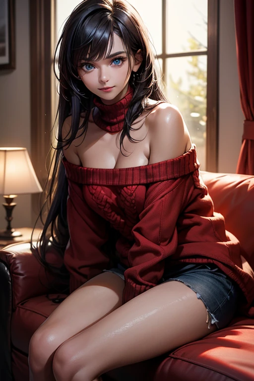 Masterpiece, best quality, high resolution, ultra detailed, slight smile, a woman long dark hair with bangs, light blue eyes, a beautiful girl looking at the camera, Frontal view, ((off-the-shoulder light red sweater,)) bare legs, night, warm interior room, image illuminated by a small lamp, depth of field, (half body: 0.6),